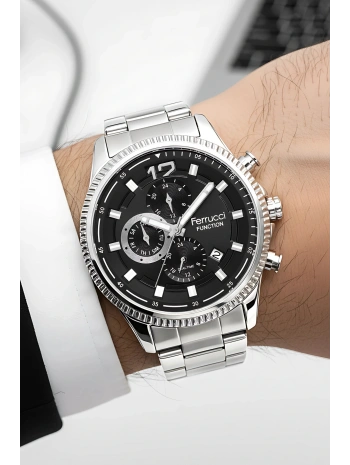 Function Erkek Kol Saati Çelik Kordon Gümüş-Siyah Bileklik Hediyeli 3atm sdfer061