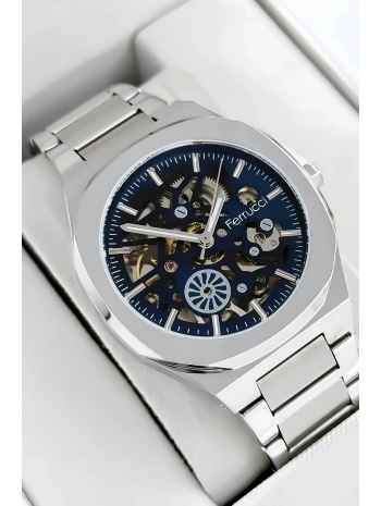 Otomatik Erkek Saati, Gümüş Renk Çelik Kordon&Kasa, Mavi Kadran, Cam Arka Kapak sdfer078