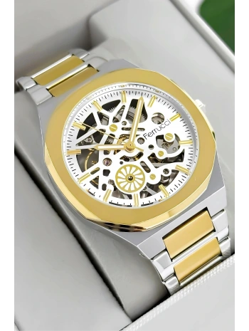 Otomatik Erkek Saati, Gümüş-Gold Renk Çelik Kordon&Kasa, Beyaz Kadran, Cam Arka Kapak sdfer