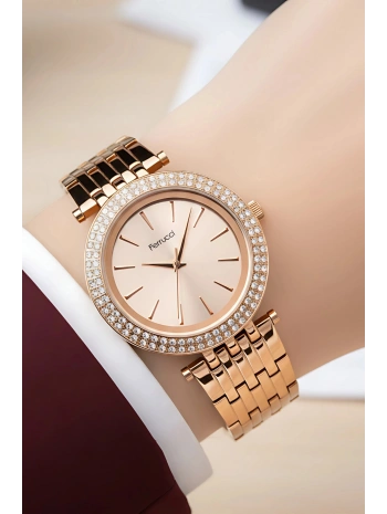 Kadın Kol Saati Rose Renk Çelik Kordon Taşlı Çelik Kasa Sdfer143