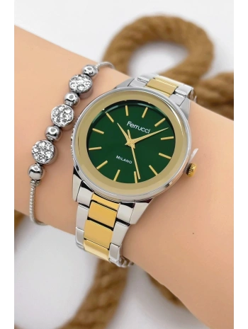Kadın Kol Saati - Şık Çelik Kordon ve Kasa, Orijinal ve Garantili Gümüş-Gold-Yeşil sdfer147