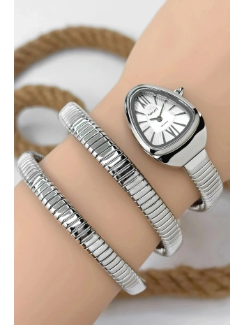 Çelik Kordon Yılan Model , Kadın Kol Saati, 3atm Suya Dayanıklı Gümüş Sdfer155