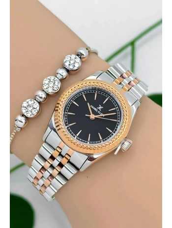 Kadın Kol Saati Rose-gümüş-siyah Renk Çelik Kordon&kasa Sddk091