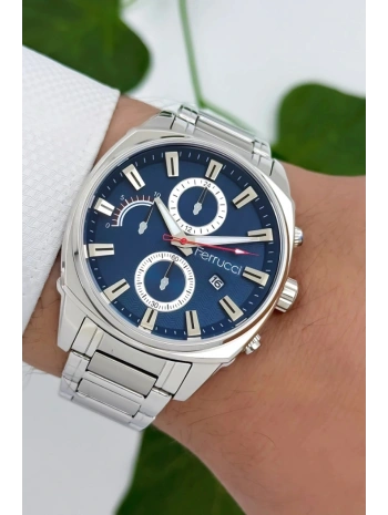 Ferrucci Takvimli3atm Suya Dayanıklı Erkek Kol Saati, Çelik Kordon & Özel Tasarım, Gümüş-mavi Sdfer160