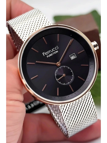 Ferrucci Takvimli 3atm Suya Dayanıklı Erkek Kol Saati, Çelik Kordon & Özel Tasarım, Gümüş-siyah Sdfer161