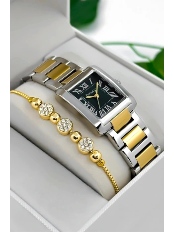 Çelik Kordon & Kasa Kadın Kol Saati, 3atm Suya Dayanıklı Gümüş-gold-yeşil Sdfer176