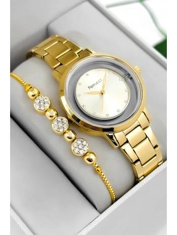 Çelik Kordon & Kasa Kadın Kol Saati, Şeffaf Arka Cam Kapak Gold Sdfer180