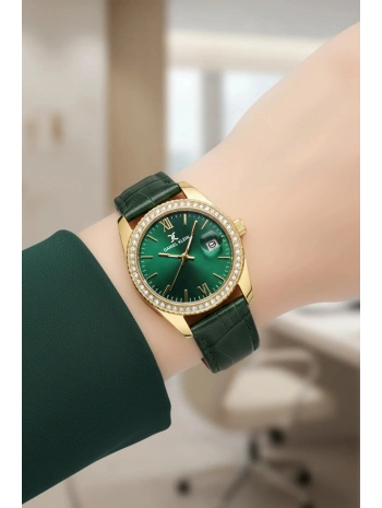 Deri Kordon Çelik Kasa Kadın Kol Saati+Bileklik Hediyeli Yeşil-Gold sddk107