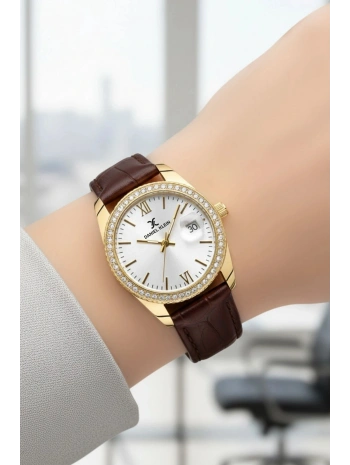 Deri Kordon Çelik Kasa Kadın Kol Saati+Bileklik Hediyeli Kahve-Gold sddk107