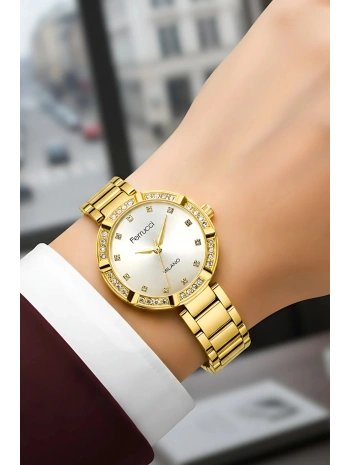Çelik Kordon Taşlı Kasa Kadın Kol Saati Gold sdfer183