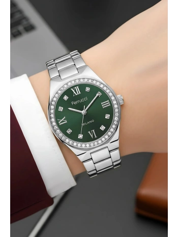 Çelik Kordon Çelik Kasa Kadın Kol Saati Gümüş-Yeşil sdfer185