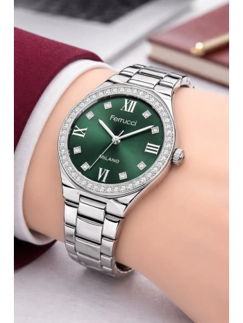Çelik Kordon Taşlı Çelik Kasa Kadın Kol Saati Gümüş-Yeşil sdfer192