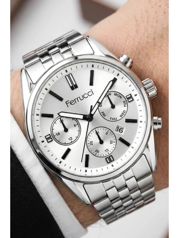 Takvimli Erkek Kol Saati Çelik Kordon Gümüş-Beyaz Bileklik Hediyeli 3atm Sdfer193