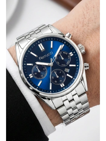 Takvimli Erkek Kol Saati Çelik Kordon Gümüş-Mavi Bileklik Hediyeli 3atm Sdfer193