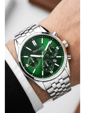 Takvimli Erkek Kol Saati Çelik Kordon Gümüş-Yeşil Bileklik Hediyeli 3atm Sdfer193