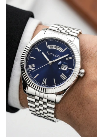 Takvimli Erkek Kol Saati Çelik jübile Kordon Gümüş-Mavi Bileklik Hediyeli 3atm Sdfer194