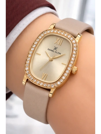 Daniel Klein Deri Kordon Çelik Kasa Kadın Kol Saati+Bileklik Hediyeli Bej sddk112