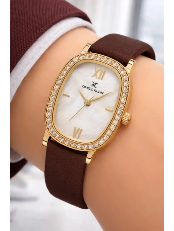 Daniel Klein Deri Kordon Çelik Kasa Kadın Kol Saati+Bileklik Hediyeli Kahve-Gold sddk112