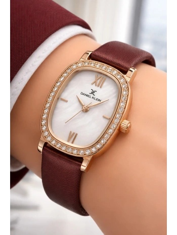 Daniel Klein Deri Kordon Çelik Kasa Kadın Kol Saati+Bileklik Hediyeli Kahve-Rose sddk112