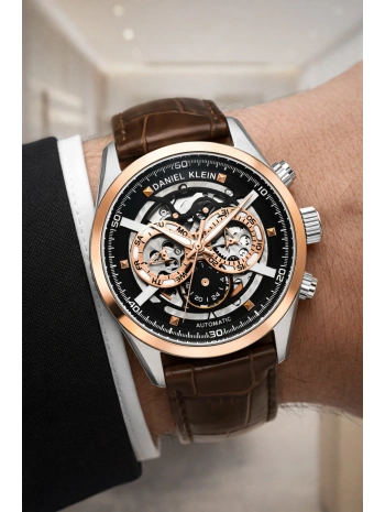 Deri Kordon Çelik Kasa Otomatik Mekanizma Erkek Kol Saati Kahve-Rose sddk104