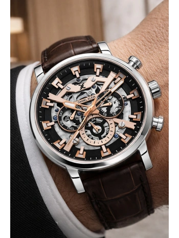 Deri Kordon Çelik Kasa Otomatik Mekanizma Erkek Kol Saati Kahve-Gümüş sddk103