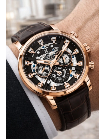 Deri Kordon Çelik Kasa Otomatik Mekanizma Erkek Kol Saati Kahve-Rose sddk103