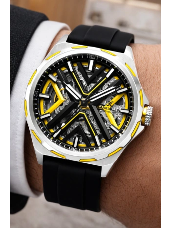 Silikon Kordon Çelik Kasa Otomatik Mekanizma Erkek Kol Saati Siyah-Sarı sddk102