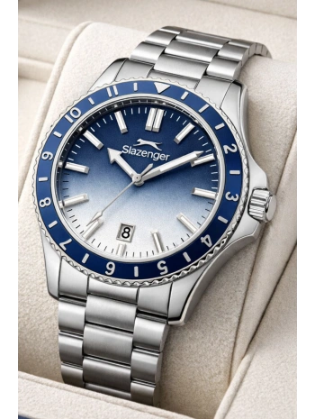 Slazenger Takvimli Çelik Kordon, Çelik Kasa Erkek Kol Saati Bileklik Hediyeli Gümüş-Mavi sdslz014