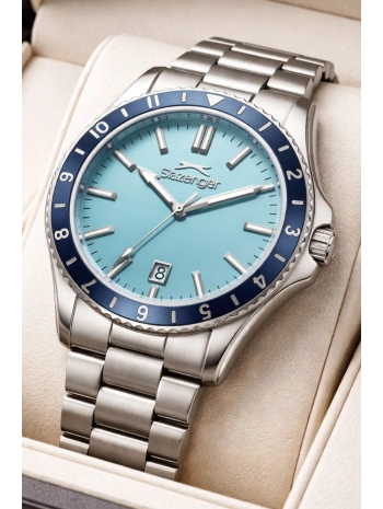 Slazenger Takvimli Çelik Kordon, Çelik Kasa Erkek Kol Saati Bileklik Hediyeli Gümüş-Turkuaz sdslz014