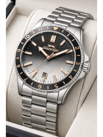 Slazenger Takvimli Çelik Kordon, Çelik Kasa Erkek Kol Saati Bileklik Hediyeli Gümüş-Rose sdslz014