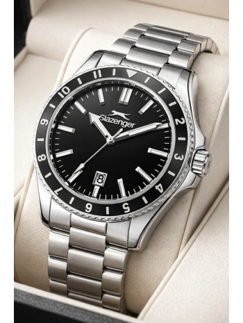 Slazenger Takvimli Çelik Kordon, Çelik Kasa Erkek Kol Saati Bileklik Hediyeli Gümüş-Siyah sdslz014