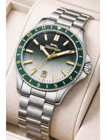 Slazenger Takvimli Çelik Kordon, Çelik Kasa Erkek Kol Saati Bileklik Hediyeli Gümüş-Yeşil sdslz014