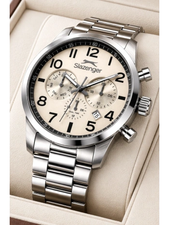 Slazenger Fonksiyonlu Çelik Kordon, Çelik Kasa Erkek Kol Saati Bileklik Hediyeli Gümüş-Beyaz sdslz015