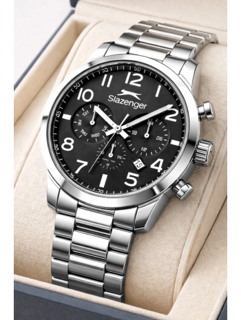 Slazenger Fonksiyonlu Çelik Kordon, Çelik Kasa Erkek Kol Saati Bileklik Hediyeli Gümüş-Siyah sdslz015