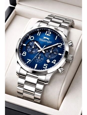 Slazenger Fonksiyonlu Çelik Kordon, Çelik Kasa Erkek Kol Saati Bileklik Hediyeli Gümüş-Mavi sdslz015