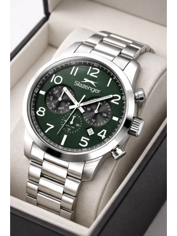 Slazenger Fonksiyonlu Çelik Kordon, Çelik Kasa Erkek Kol Saati Bileklik Hediyeli Gümüş-Yeşil sdslz015