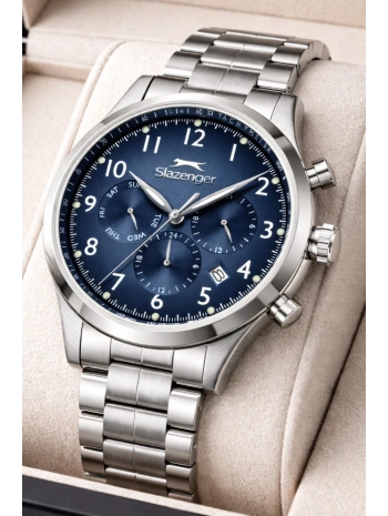 Slazenger Fonksiyonlu Çelik Kordon, Çelik Kasa Erkek Kol Saati Bileklik Hediyeli Gümüş-Mavi sdslz016