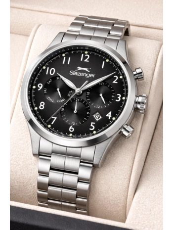 Slazenger Fonksiyonlu Çelik Kordon, Çelik Kasa Erkek Kol Saati Bileklik Hediyeli Gümüş-Siyah sdslz016