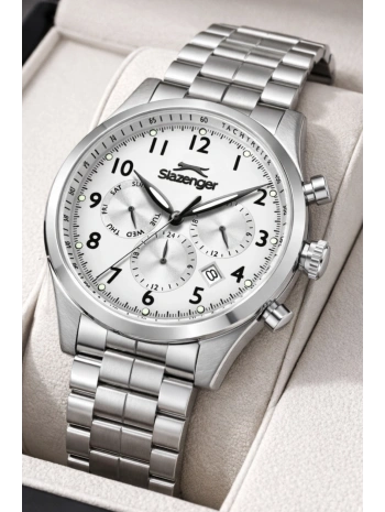 Slazenger Fonksiyonlu Çelik Kordon, Çelik Kasa Erkek Kol Saati Bileklik Hediyeli Gümüş-Beyaz sdslz016