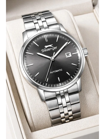 Slazenger Otomatik Mekanizma Çelik Kordon, Çelik Kasa Erkek Kol Saati Bileklik Hediyeli Gümüş-Siyah sdslz017