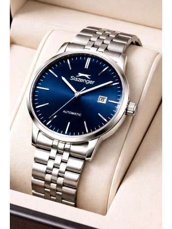 Slazenger Otomatik Mekanizma Çelik Kordon, Çelik Kasa Erkek Kol Saati Bileklik Hediyeli Gümüş-Mavi sdslz017