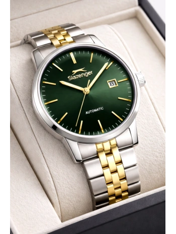 Slazenger Otomatik Mekanizma Çelik Kordon, Çelik Kasa Erkek Kol Saati Bileklik Hediyeli Gümüş-Yeşil sdslz017