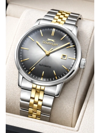 Slazenger Otomatik Mekanizma Çelik Kordon, Çelik Kasa Erkek Kol Saati Bileklik Hediyeli Gümüş-Gold sdslz017