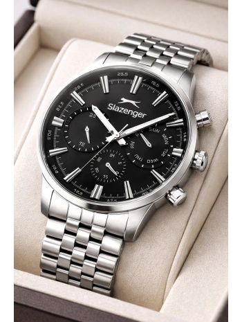 Slazenger Fonksiyonlu Çelik Kordon, Çelik Kasa Erkek Kol Saati Bileklik Hediyeli Gümüş-Siyah sdslz018