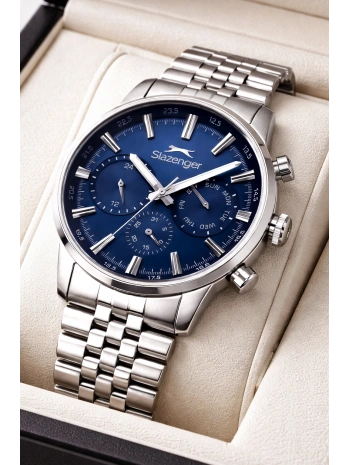 Slazenger Fonksiyonlu Çelik Kordon, Çelik Kasa Erkek Kol Saati Bileklik Hediyeli Gümüş-Mavi sdslz018