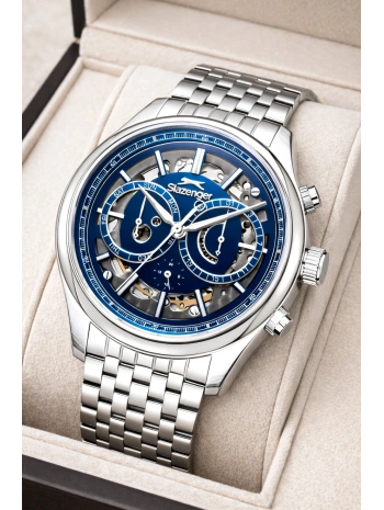 Slazenger Otomatik Mekanizma Çelik Kordon, Çelik Kasa Erkek Kol Saati Bileklik Hediyeli Gümüş-Mavi sdslz019