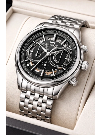 Slazenger Otomatik Mekanizma Çelik Kordon, Çelik Kasa Erkek Kol Saati Bileklik Hediyeli Gümüş-Siyah sdslz019