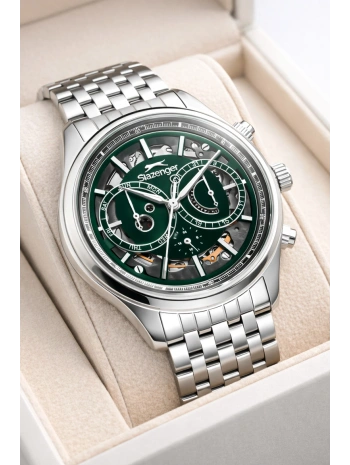 Slazenger Otomatik Mekanizma Çelik Kordon, Çelik Kasa Erkek Kol Saati Bileklik Hediyeli Gümüş-Yeşil sdslz019