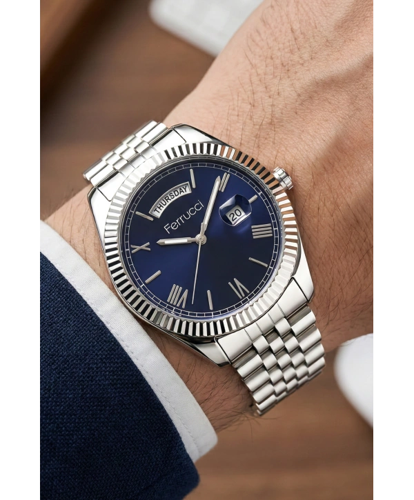Ferrucci Takvimli Erkek Kol Saati Çelik jübile Kordon Gümüş-Mavi Bileklik Hediyeli 3atm Sdfer194