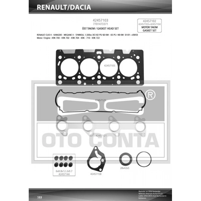 TAKIM CONTA UST SKT KECELI SUBAP LASTIKLI KANGOO MEGANE CLIO 1.5DCI